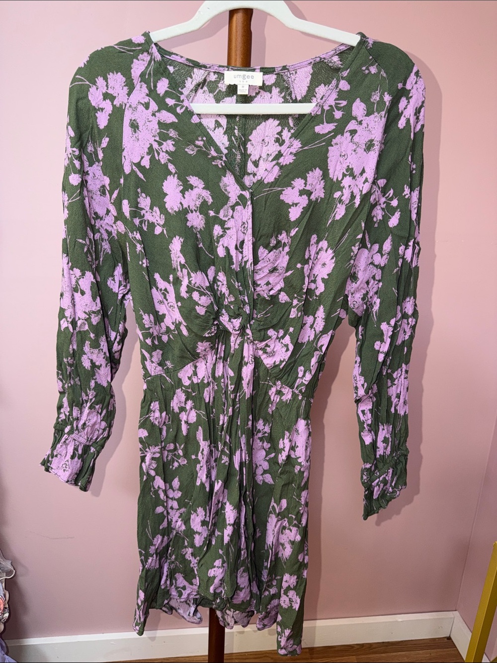 Umgee Olive and Lavender Floral Tie-Front Long Sleeve Dress